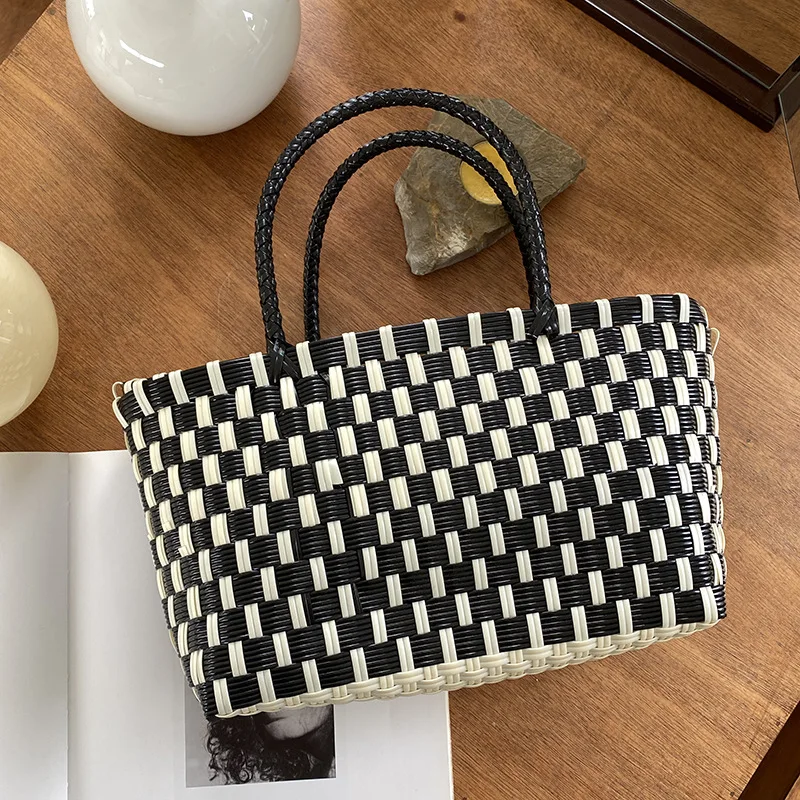 Women Fashion pvc Summer Beach Straw Knitting Shoulder Bag Hollow Out Handwoven Handbags Portable Large Capacity Casual Tote