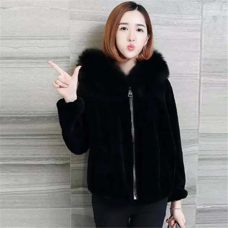 Spring Autumn Lmitation Fur Coat Women 2023 New Hooded Fur Collar Jacket Pure Colour Loose Outerwear Fashion Short Tops Female