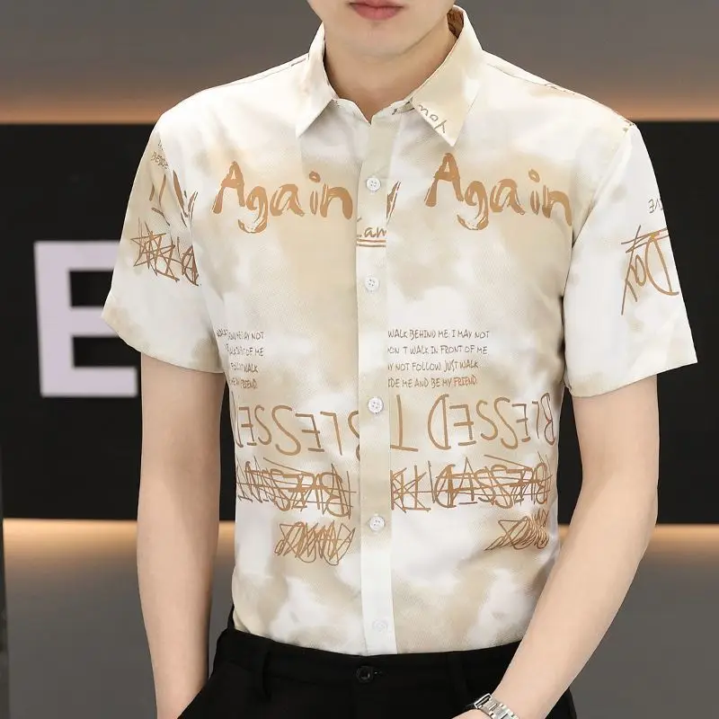 2025 Summer Short-sleeved Shirt for Men Thin Korean Style Cardigan Casual Free Iron Silk Top