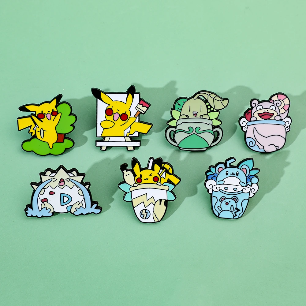 7 pcs Cartoon Pikachu Brooch Cute Chikorita Togepi Enamel Pin Clothes Backpack Jewelry Metal Badge Accessories gift