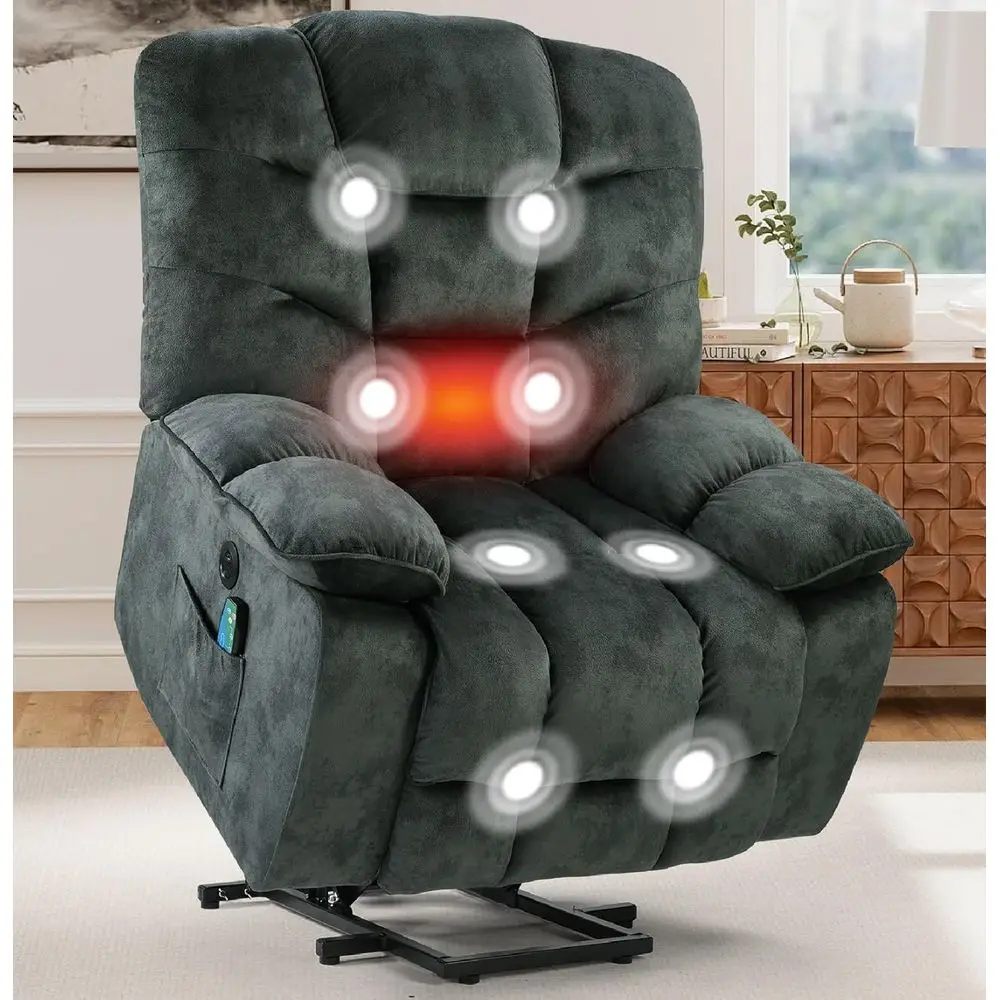 

Luxury Oversized Recliner with Massage, Heat, and Side Pockets in Green for Living Room