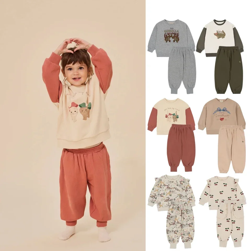 

New KS Children Clothes Set 2024 Spring Cartoon Printed Girls Boys Summer Clothing Sweatshirt Set Kids Sweater Heart Print Pants