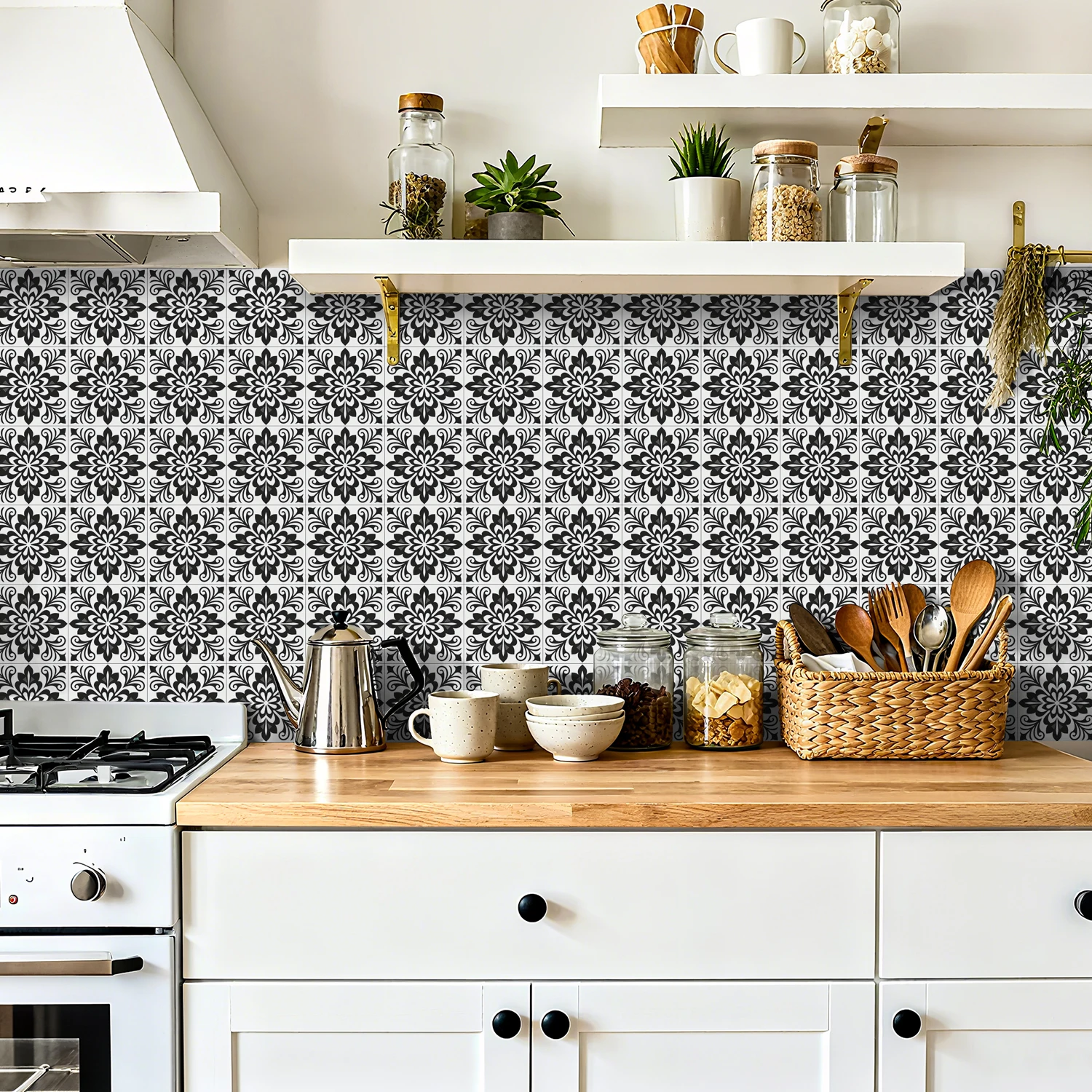 

24PCS Black & White Vintage Floral Self-Adhesive Tile Stickers HD Matte Wall Decor for Kitchen Bathroom 10/15/20cm