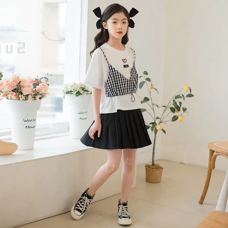 

Korean Summer Girl Children's Top And Bottom Set Junior Girl Checkered Patchwork T-shirt+Pleated Skirt School Girl 2-Piece Sets