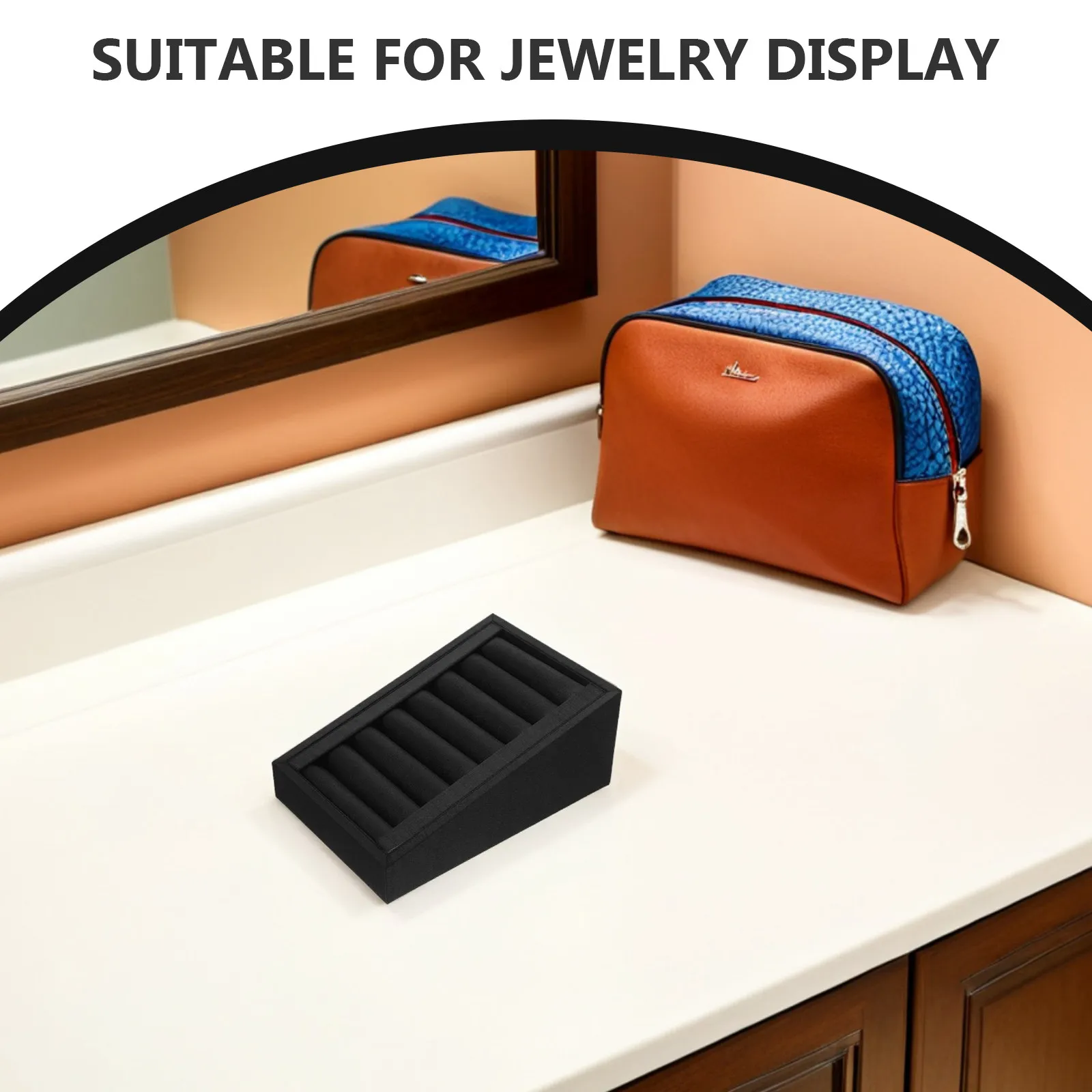 

PU Ring Display Tray Sleek Elegant Grooved Slots Jewelry Organizer Stand for Trade Shows Retail Counters Drawer Storage Black