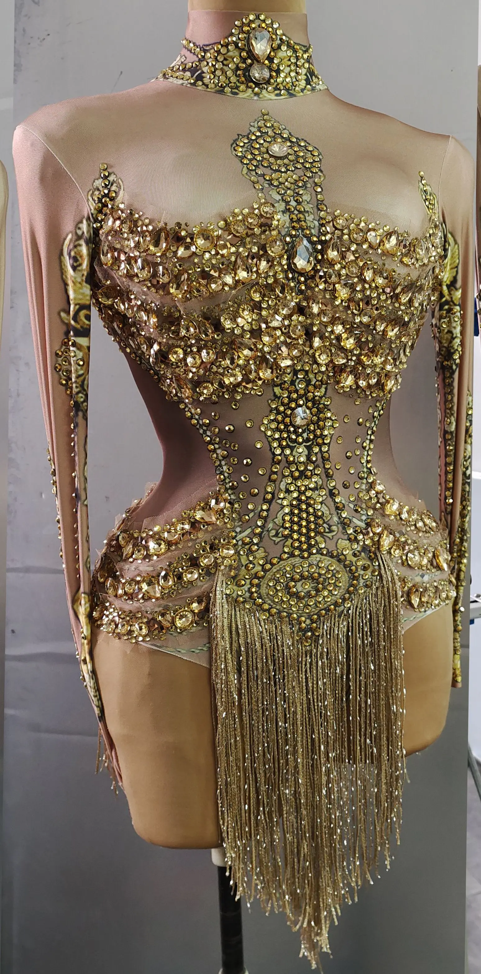 Gold Rhinestones Fringes Spandex Bodysuit Evening Birthday Celebrate Long Sleeves Leotard Women Dancer Party Costume