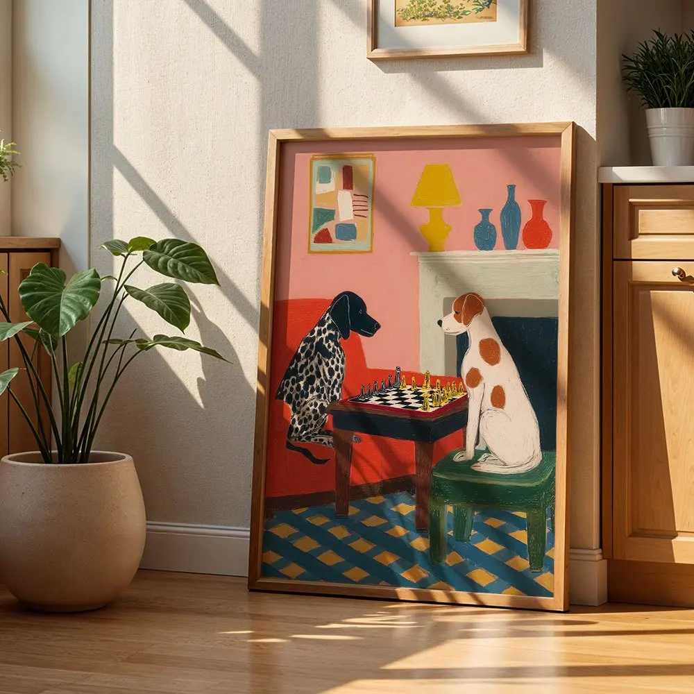 Modern Abstract Dogs Playing Chess Canvas Wall Decor Picture, 2D Printed Poster Wall Art, Fun Home Decor Gift For Living Room An