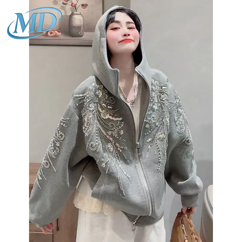 Mode Blumen Stickerei Pailletten Mit Kapuze Sweatshirt Jacke Floral Perlen Zipper Strickjacke Langarm Hoodies Mantel Streetwear