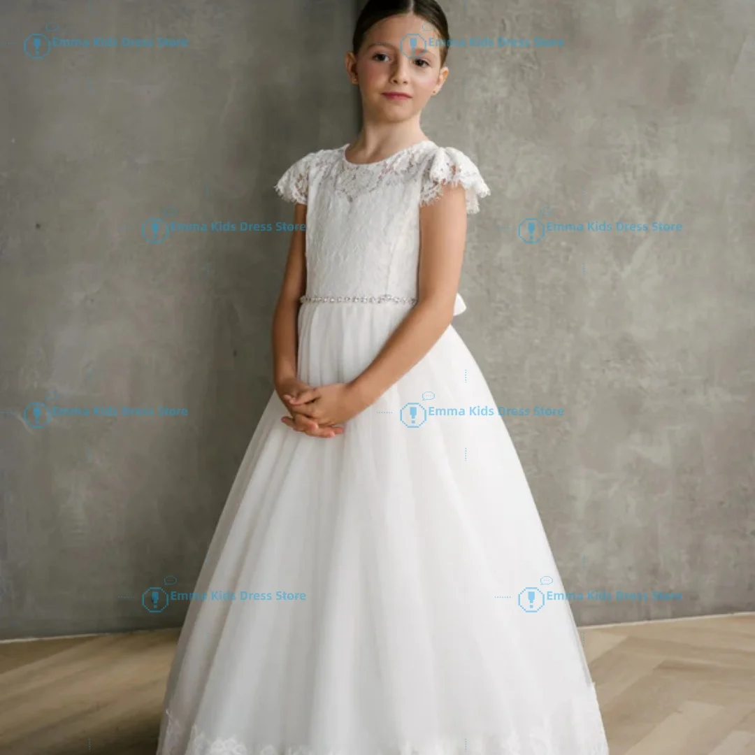 

Girls Lace Flower Girl Dress White Tulle A-Line Gown with Pearl Belt for Wedding Birthday Party Kids Formal Pageant Clothing