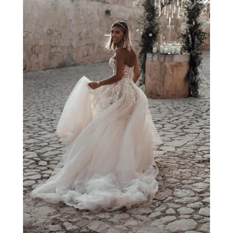 Customized Breathtaking Strapless Wedding Dress Featuring Stunning Crystals Lace Appliques and Flowy  Silhouette Bridal Dress