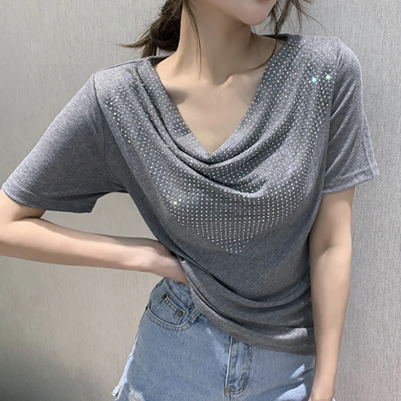 Hot Drilling T Shirt Women Summer Top Mujer Cotton T Shirts Short Sleeve Tees Korean Style Woman Clothes Casual Tee Shirt Femme