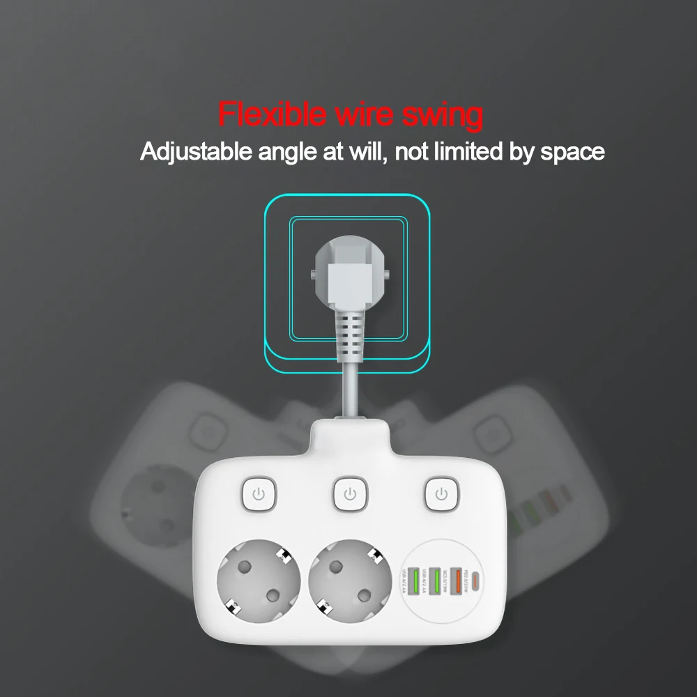 SANDIY EU Plug AC Power Strip 16A 220V Multitap Portable Extension Socket 3 USB and 1 Type-C Fast Charging Travel Filter Adapter
