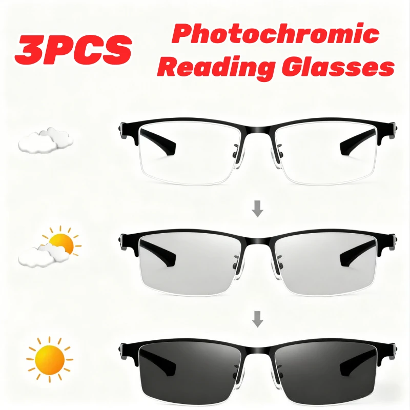 

3PCS Metal Half Frame Photochromic Reading Glasses Ultra-Lightweight Blue Light Blocking Business Turn Grey Presbyopia Glasses