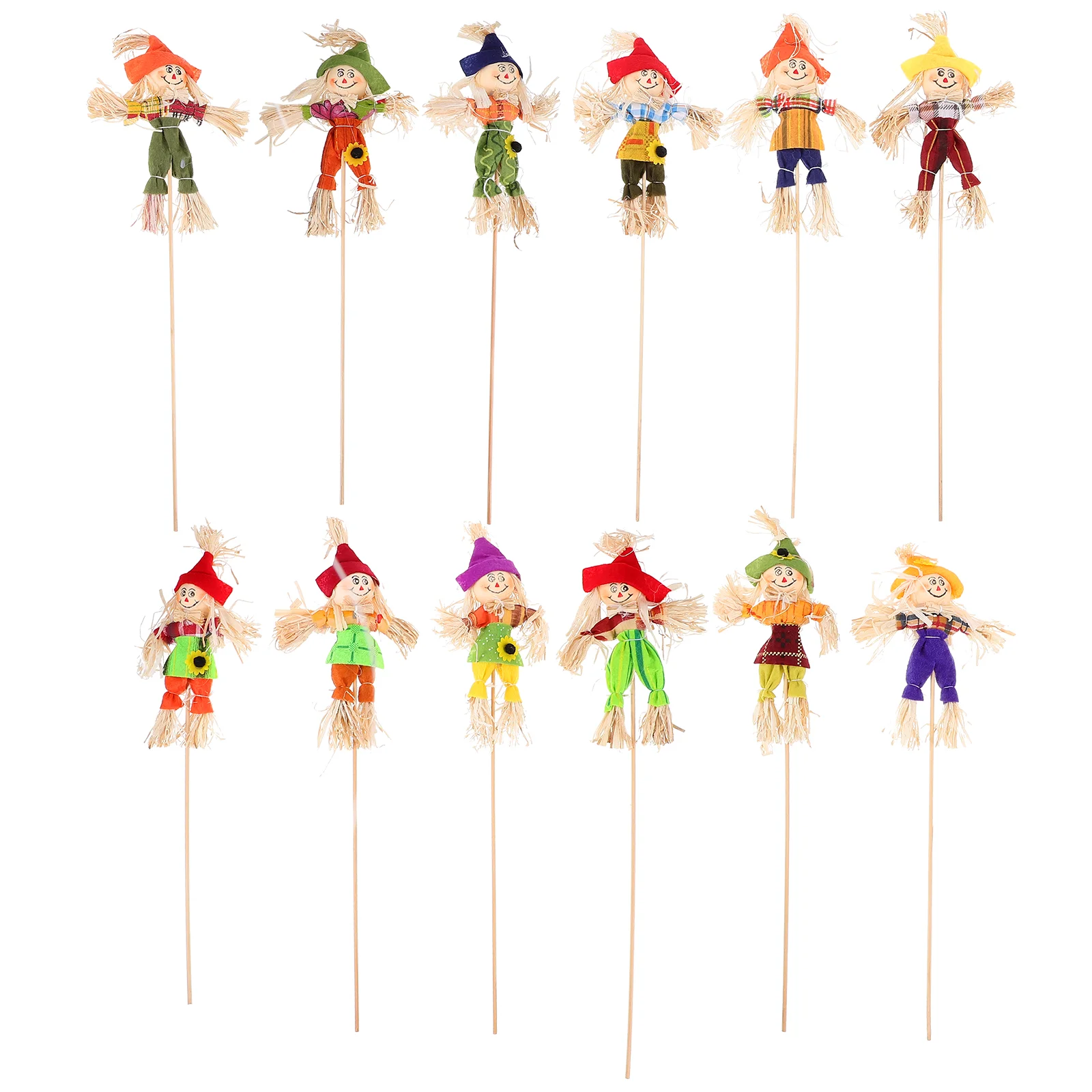 

12 Pcs Tall Standing Scarecrowation Decorative Scarecrows Creative Garden Outdoor Halloween Ornaments Wood Straw Cartoon