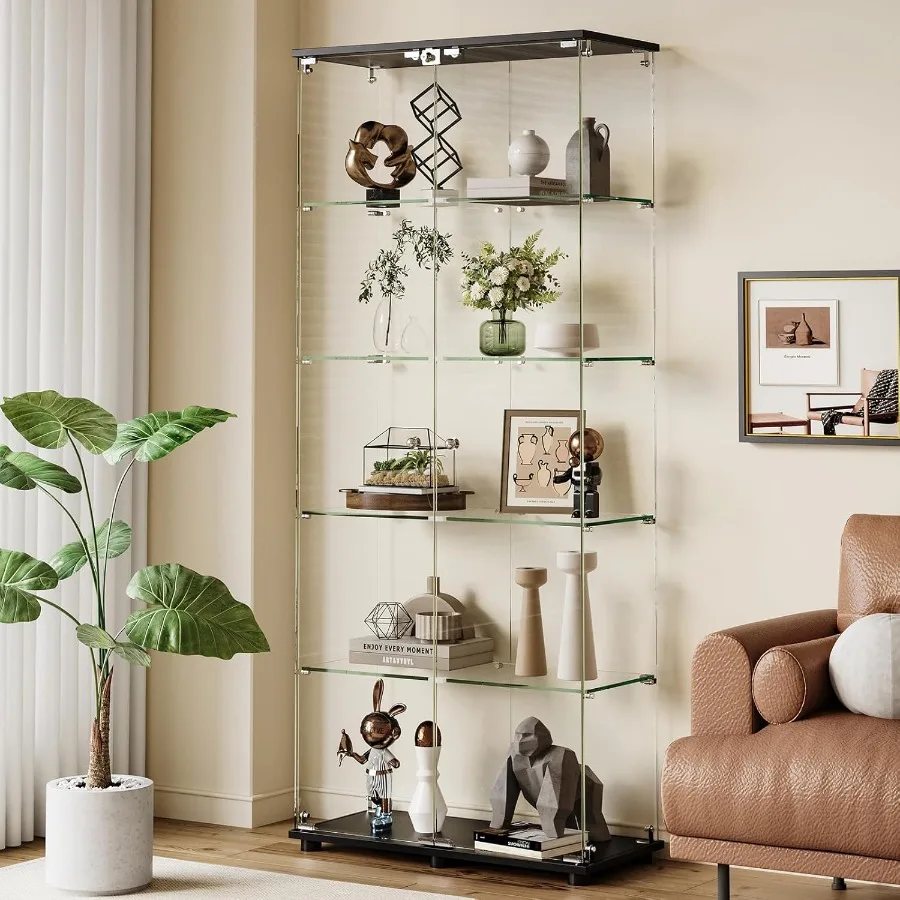 Glass Display Cabinet with 5 Shelves Double Doors Floor Standing Display Cage for Living Room Bedroom Office 74.5 x 31.7 x 14.3