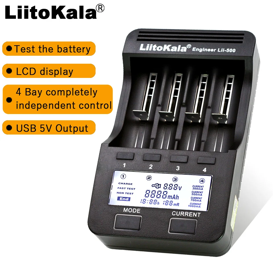 Liitokala-Carregador de bateria de lítio, Lii-500, Lii402, Lii-202, Lii-100, 1.2V, 3.7V, 18650, 26650, 18350, 16340, AA, AAA, NiMH, 5V, 2A Plug