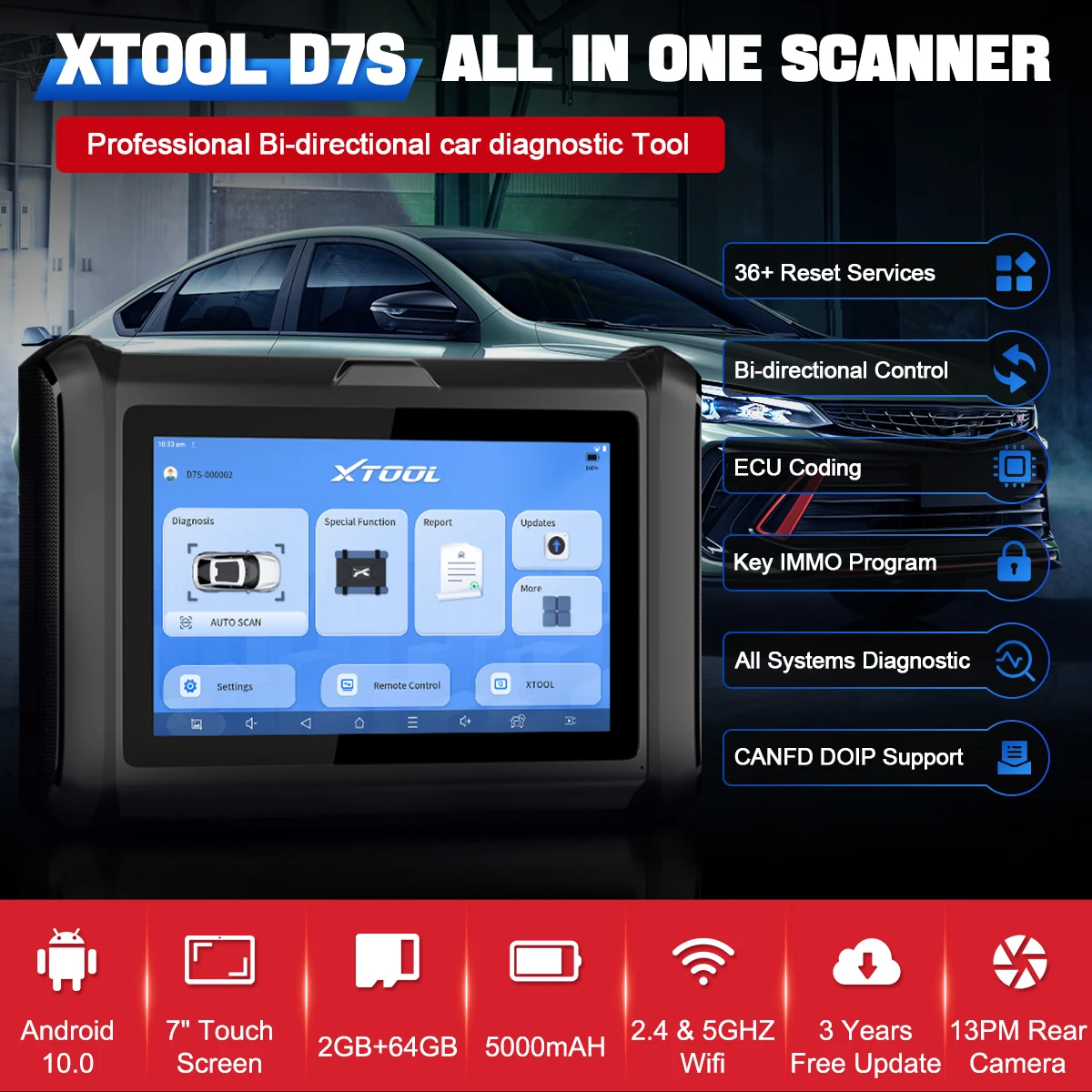 XTOOL D7S V2.0 OBD2 Automotive All System Diagnostic Tool ECU Coding Key Programmer Auto Vin with 36+ Reset Functions Active Tes