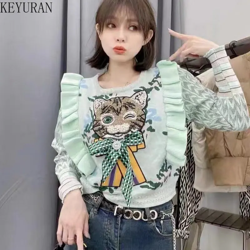 Vintage Ruffles Cat Embroidery Sweater Women\'s Pullover 2024 Autumn Winter New Long Sleeve Tops Flower Jacquard Knitted Sweaters