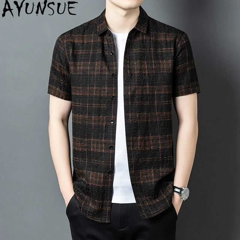 AYUNSUE High-end Real Silk Watered Gauze Shirts for Man Summer Top Fashion Plaid High Quality Shirts Casual Short Sleeve Shirt