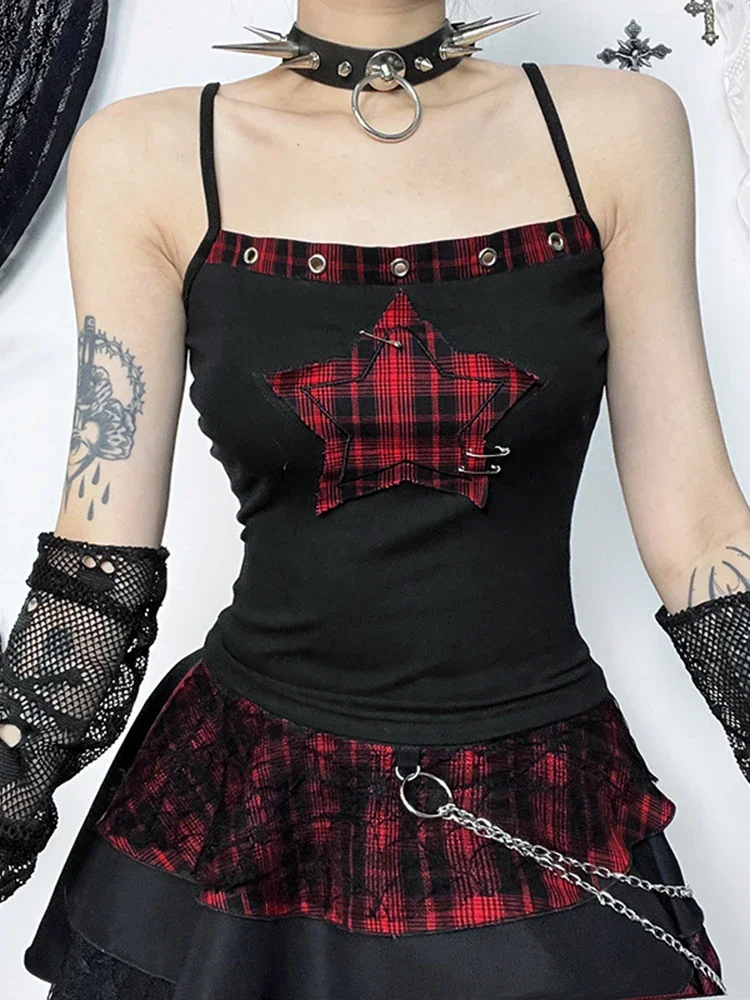 AltGoth Y2k E-girl Vintage Camis Women Mall Gothic Cyber Punk Emo Alt Grunge Hotsweet Plaid Pentagram Patchwork Crop Tank Tops