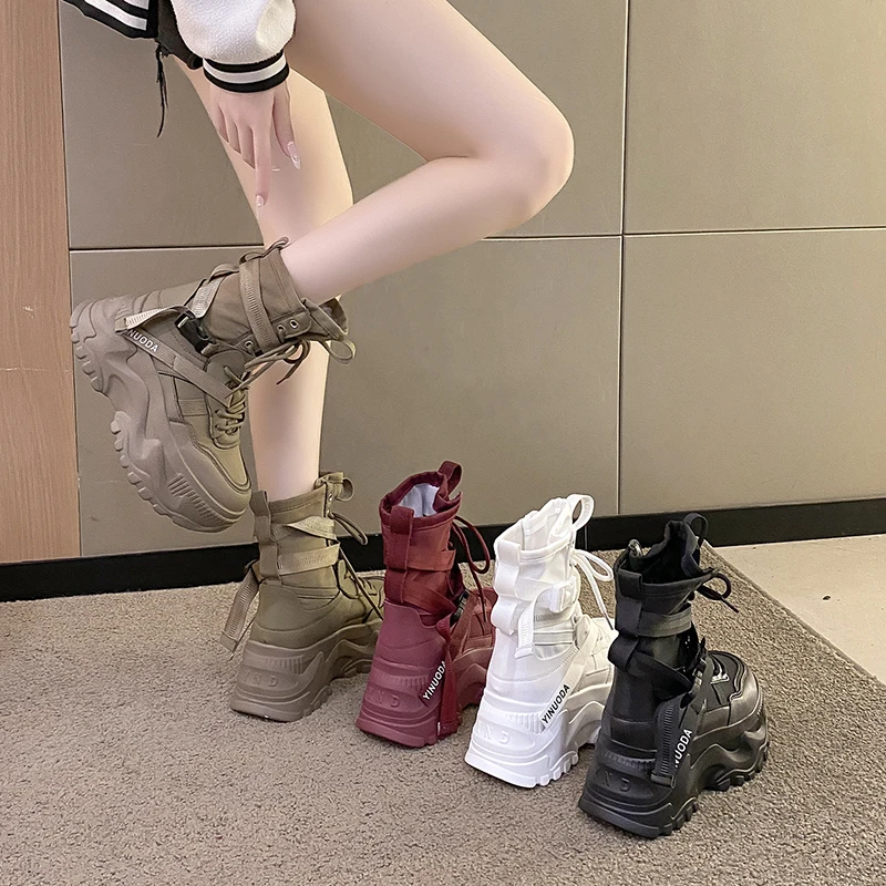 

Women Ankle Boots Autumn Leather Chunky Shoes Woman High Platform Breathable Sneakers 8CM Thick Sole Wedges Motorcycles Boots