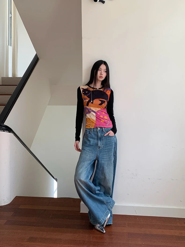 CHEERART Cat Funny Graphic T Shirts Long Sleeve Top For Woman Illustration Print Patchwork Cute Tees Designer Clothes 2025