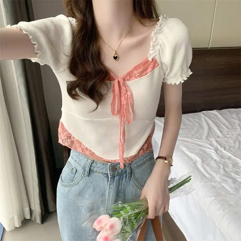 T-shirts Women Solid Lace Fake Two Pieces Simple Creativity Special All-match Summer Daily Prevalent Korean Style Delicate Sweet