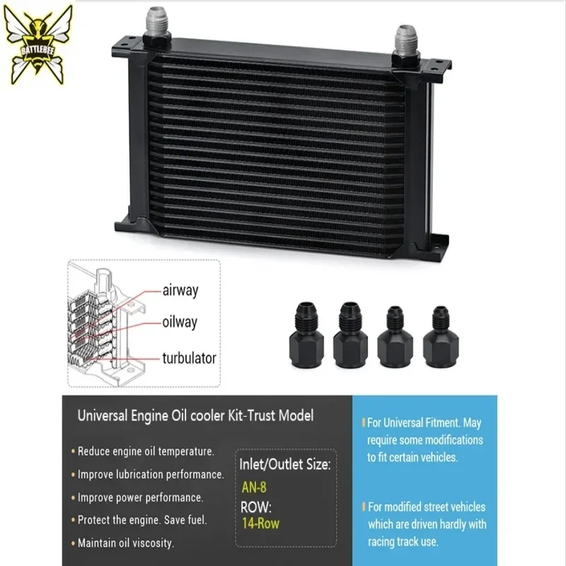 Universal 14 Rows Engine Oil Cooler Kit With 45/Deg Base Plate Sandwich Aluminum Alloy Oil Cooler Kit BB-OCK-713