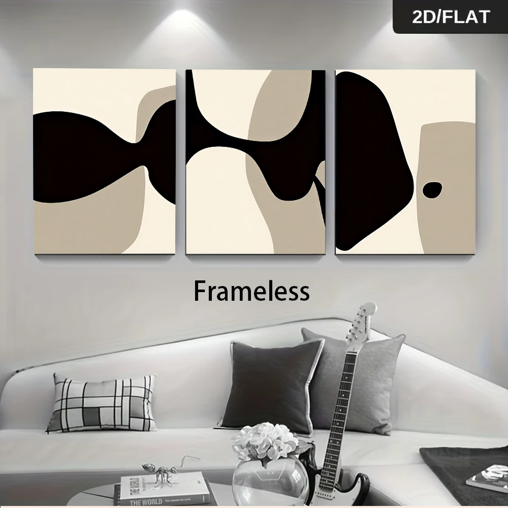 1 set of triptych frameless decorative paintings in Nordic minimalist style, black, white, gray, Morandi color scheme, 2D plan