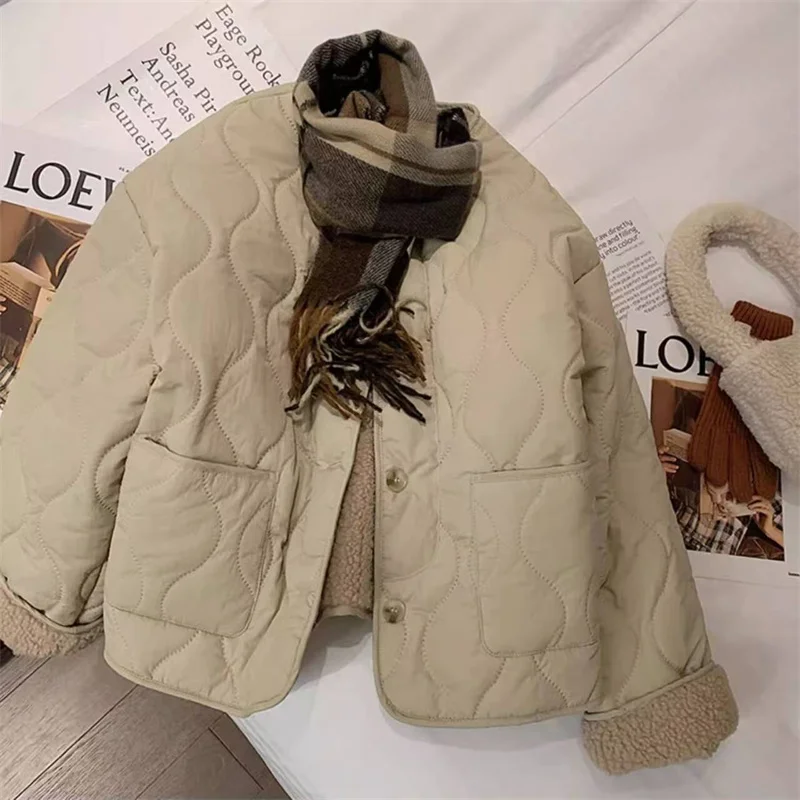 A Pink Lambswool Cotton-padded Jacket For Women In The Winter Of 2024 New Korean Version Of Thick Round Neck Lambswool Coat Top