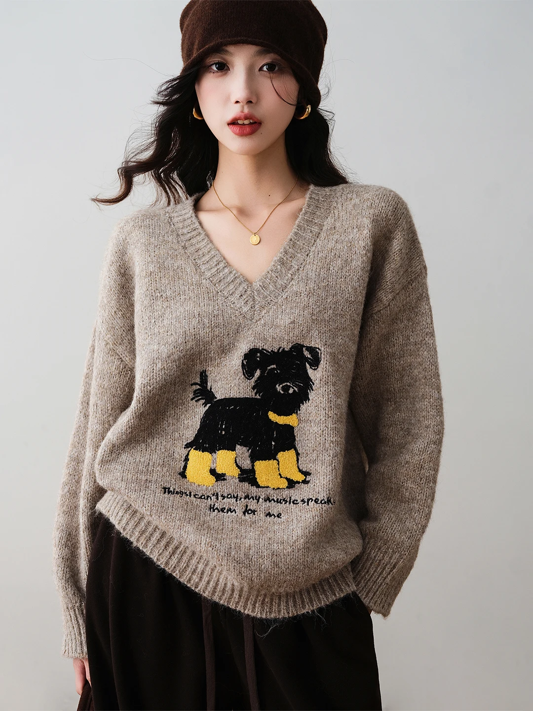 

Ladies Thickened Oversized Hoodie Knitted Sweater Street Style Fall Winter Loose Fit Base Layer V-Neck Long Sleeve Top