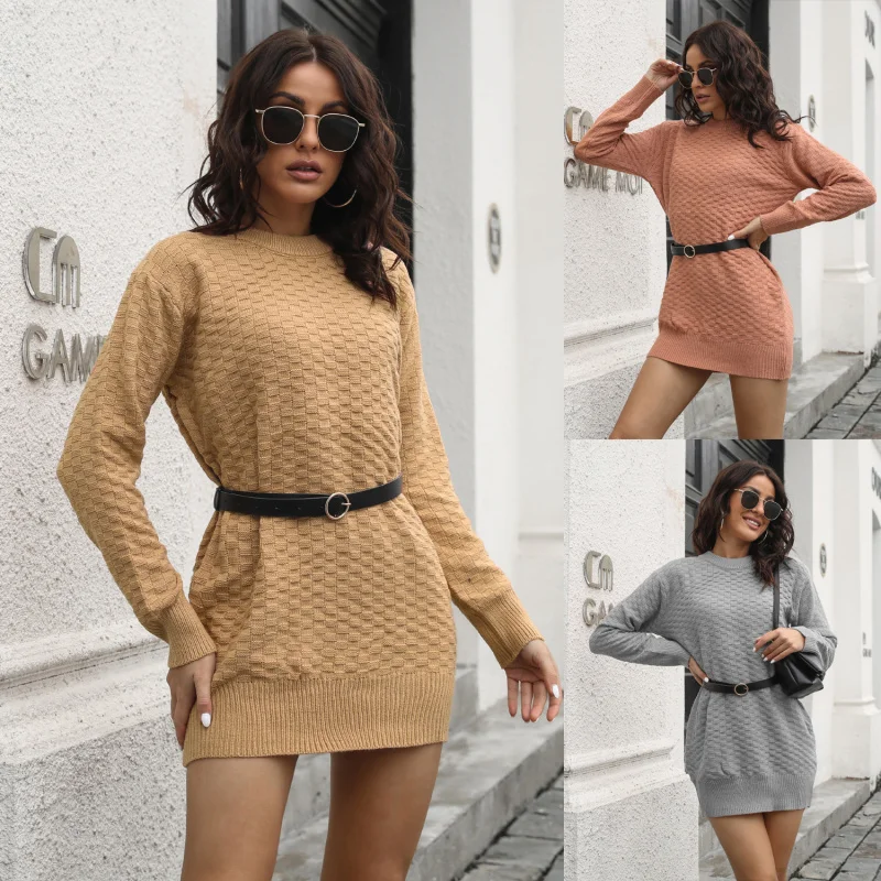 -Border Hot European and American Women's Clothing New Autumn and Winter Sweaters Knitted Dress with Belt I