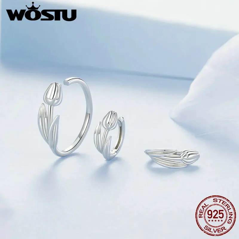 WOSTU Hot Sell 925 Sterling Silver Tulip Earrings Opening Ring Set Spinel Ear Studs for Women Fine Jewelry Party Date Daily Gift