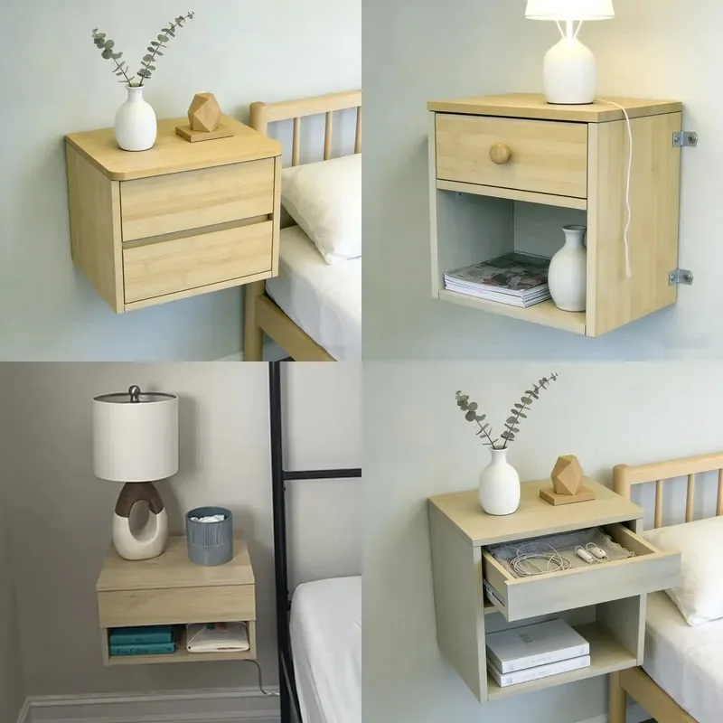 Modern Wall Mounted Wooden Floating Shelf Bedside Table with Storage Drawer for Bedroom Living Room Small Space Nightstand