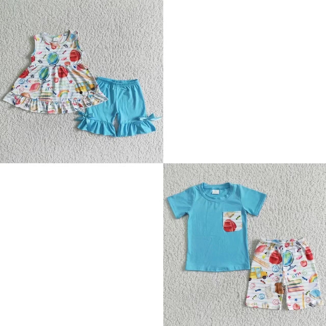 

Wholesale Back to School Toddler Baby Girl Kid Clothes Outfits Children Sleeveless Bus Learn Top Blue Cotton Shorts Set Clothing