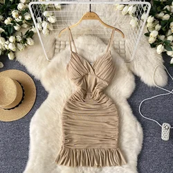 Elegant sweet High Waist ruffle mesh V-neck pleated slip Dress Vacation Slim Women summer Party Hip Wrap dresses