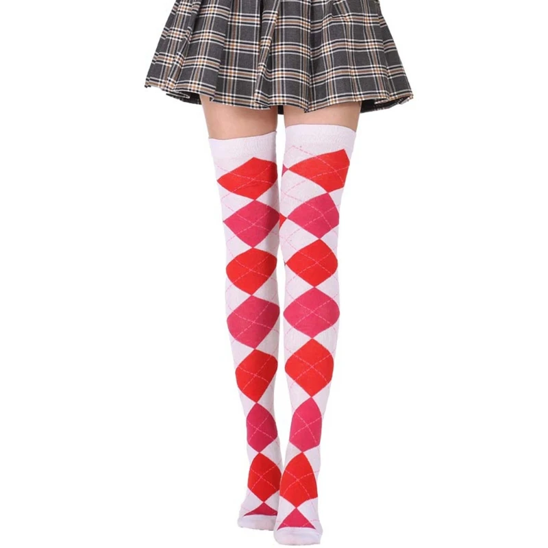 Women Student Thigh High Socks Vintage Colorful Argyle Plaid Over Knee Stockings