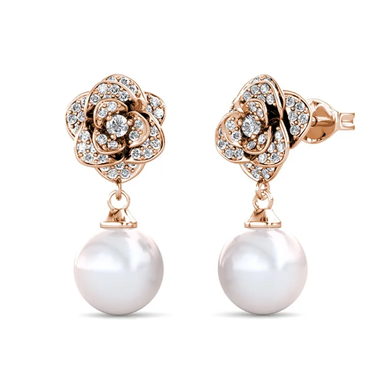 

Daisini Pearl Rose Flower Dangle Earrings for Woman Embellished with For Swarovski Crystals Stylish Jewellery Gift 2025 New