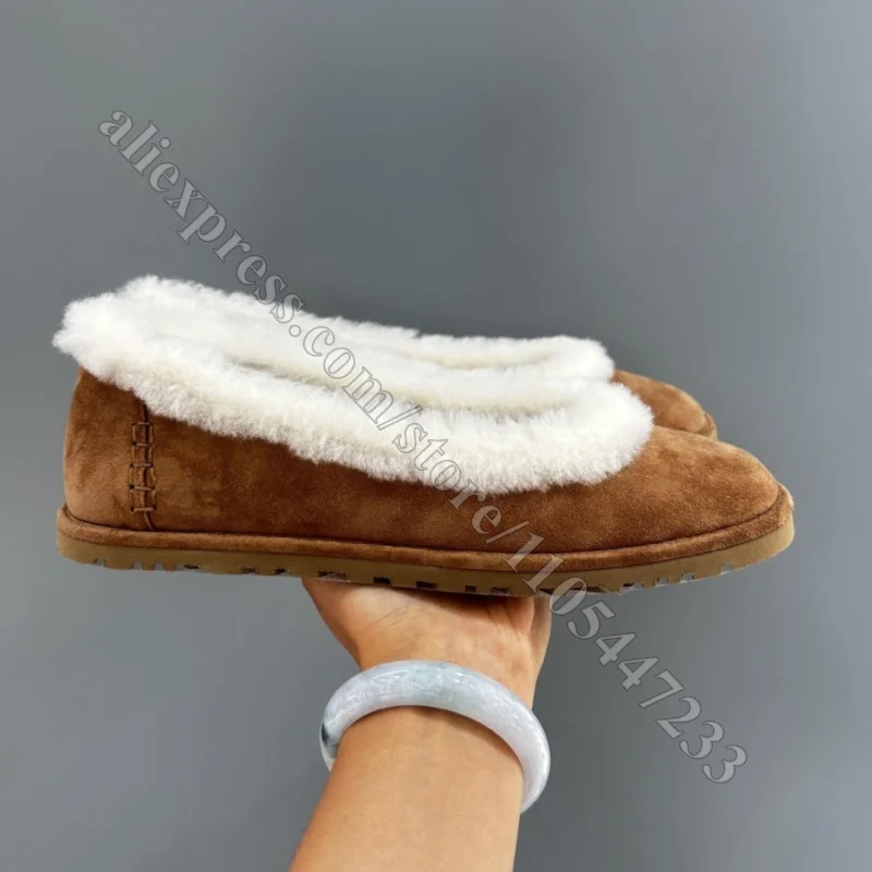 Size 35-40 Women Winter Furry Flat Loafers Suede Upper Fleece Lined Warm Slip On Shoes Round Toe Casual Flats