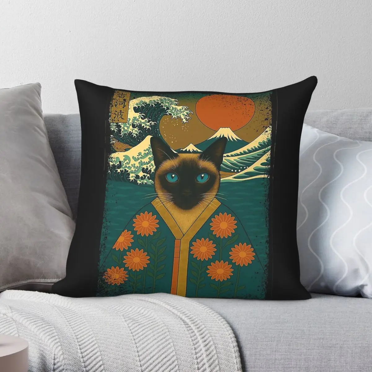 Tonkinese Kanagawa Wave Kimono Cat Square Pillowcase Polyester Linen Velvet Creative Zip Decorative Home Cushion Cover Wholesale