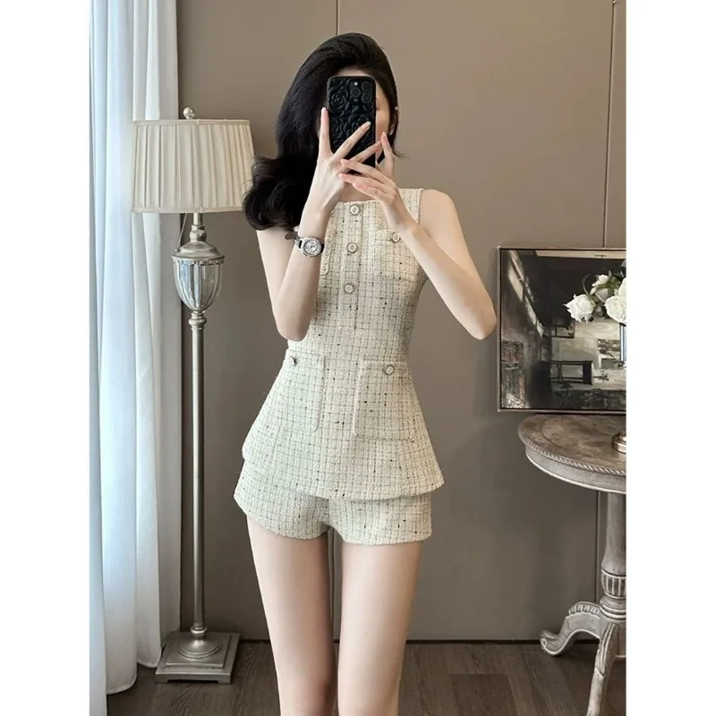 New French Small Fragrant Fashion Women's Suit Summer High End Elegant Sleeveless Top + Slim Shorts Elegant Two Piece Set