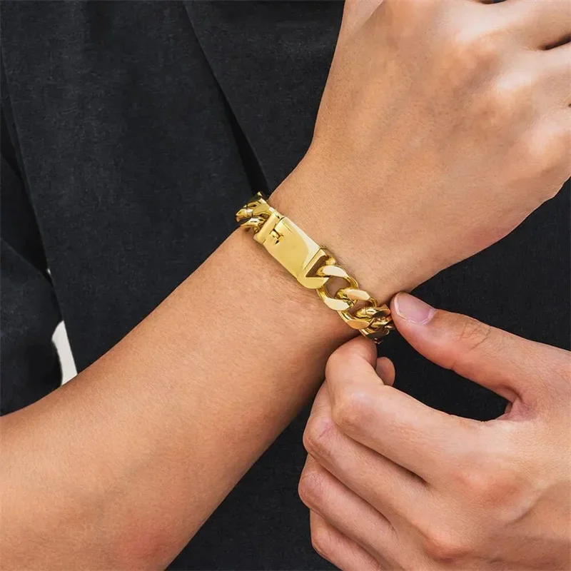 Bracelet cubain en acier inoxydable pour hommes, bijoux hip hop à la mode, cadeau de fête des travailleurs, nouveau