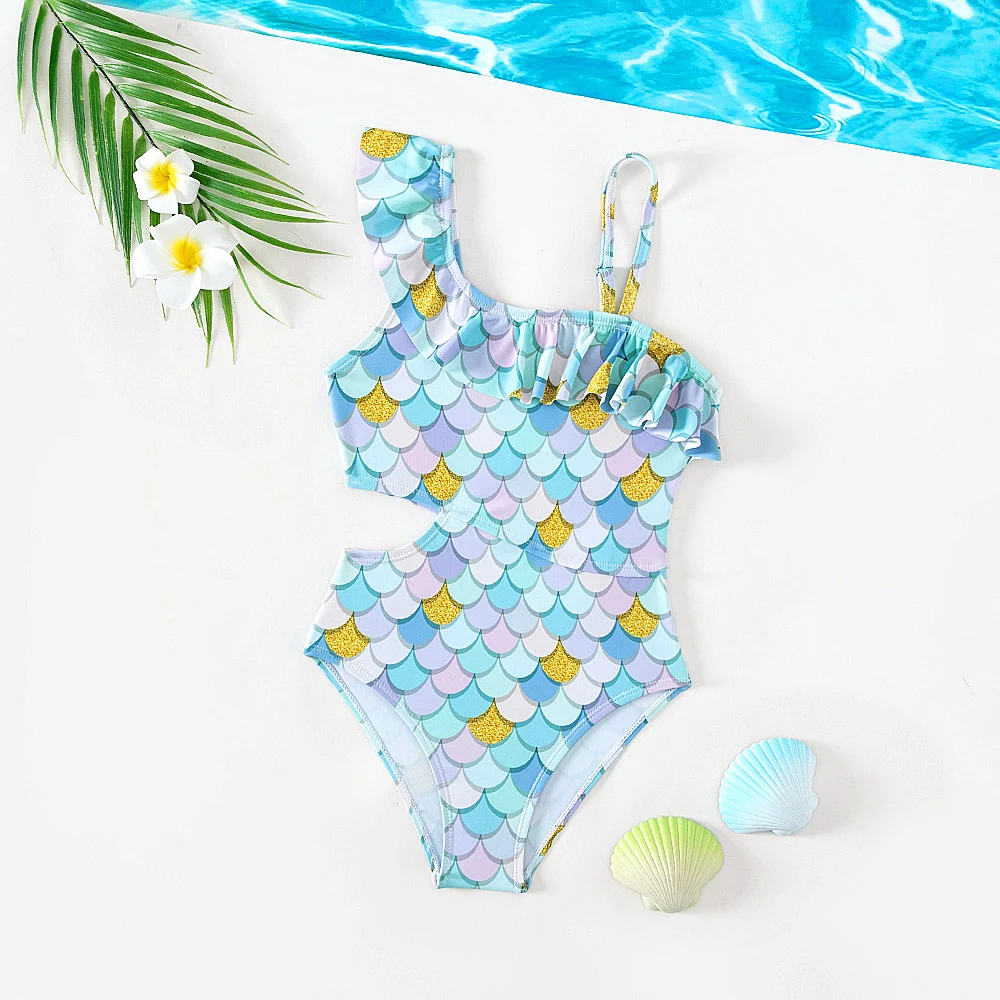 

New Children's Fashionable Swimsuit For Girls Small Floral fish Scale print Rufled O0ne-shoulder Suspender swimwear