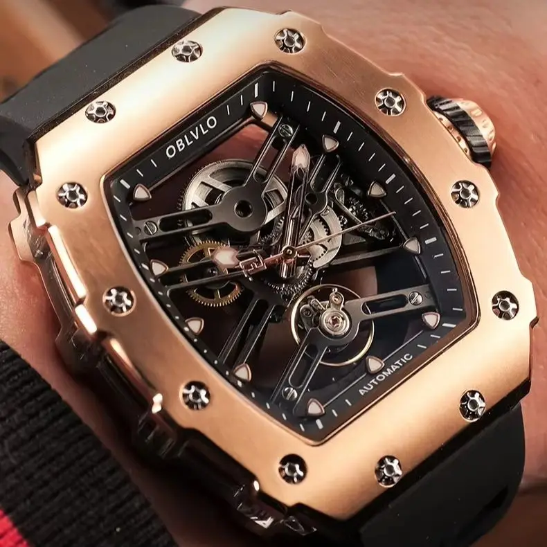 OBLVLO ساعة أوتوماتيكية للرجال 43 مللي متر Tonneau ساعة يد ميكانيكية مضيئة الهيكل العظمي الهاتفي الياقوت مرآة كريستال الحافة