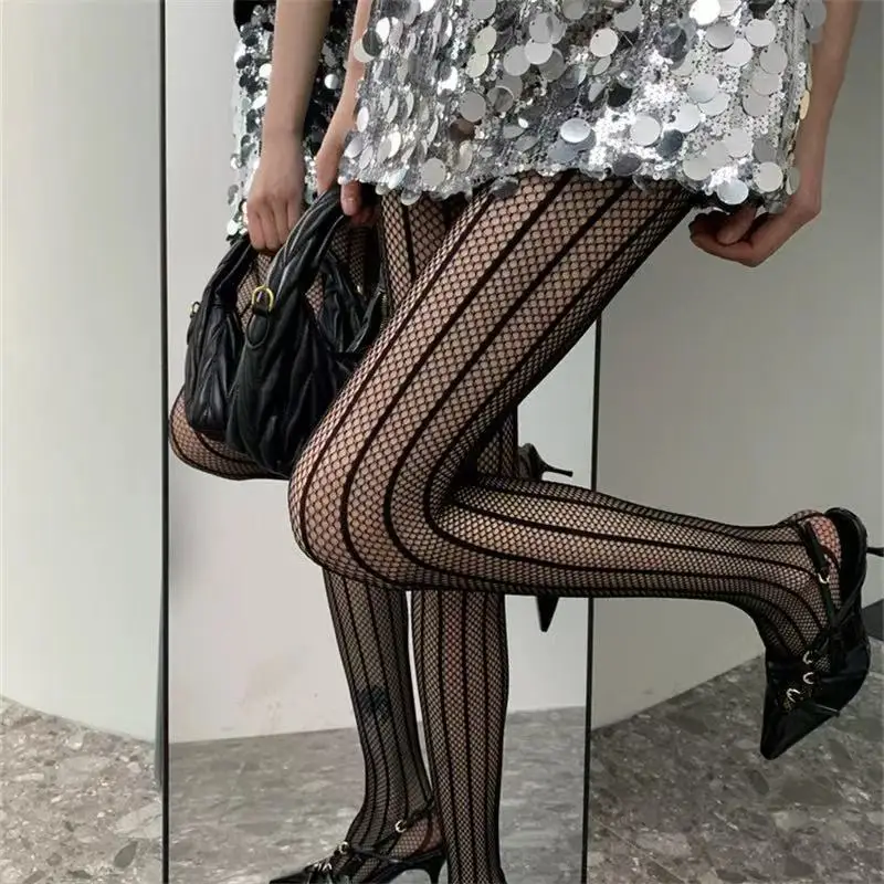 Thin Hollow Vertical Line Fishnet Tights Ladies Unique Striped Mesh Pantyhose Hot Girl Slim Leg Effect Elegant Lady Hosiery