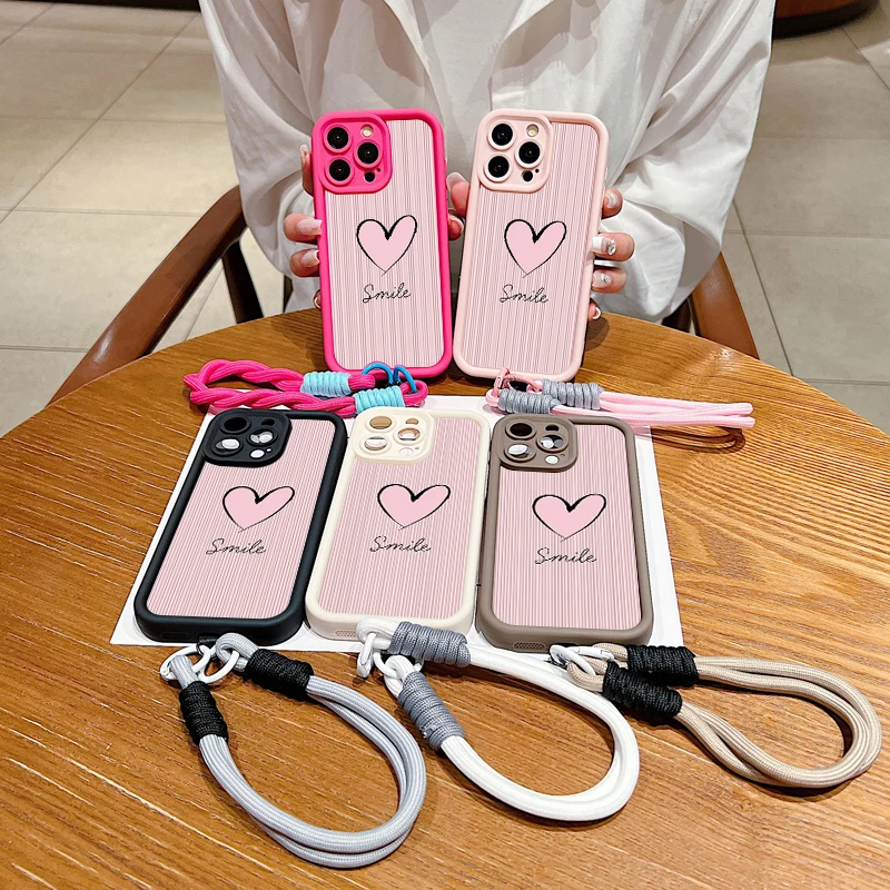 Fashion Smile Pink Love Heart Soft Lanyard Rope Phone Case For iPhone 15 14 13 12 11 16 Pro Max X XS XR 7 Plus Shockproof Cover
