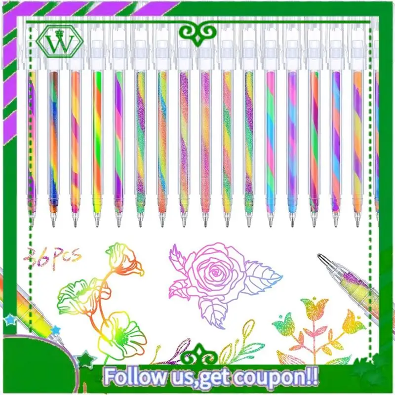ABIK-36 Pcs Rainbow Gel Pens Color Changing Glitter Neon Gel Pens Rainbow Pens For Adult Coloring Book