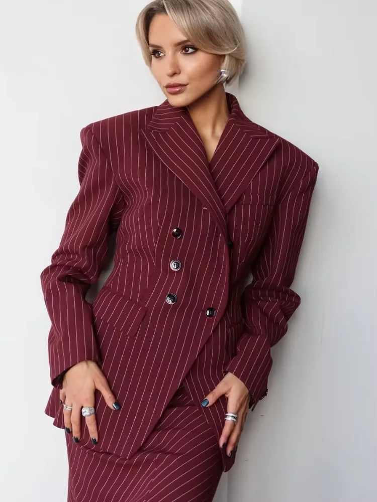 

Повседневный винтажный полосатый пиджак с v-образным вырезом, женский двубортный короткий пиджак с длинными рукавами и лацканами, 2026, женская весенне-осенняя верхняя одежда