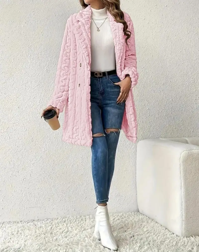 Casual Winter Jacket Woman 2024 Solid Color Collar Wired Texture Double Breasted Wool Long Sleeve Coat Coral Velvet Long Coats