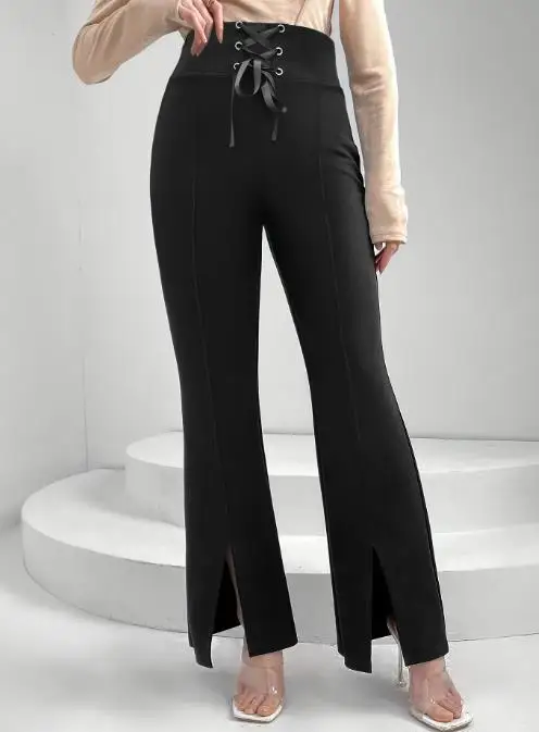 

Women's Pants 2025 Spring Autumn New Solid Color Adjustable Waist Strap Slim Fit High Waisted Front Slit Micro Flared Pants